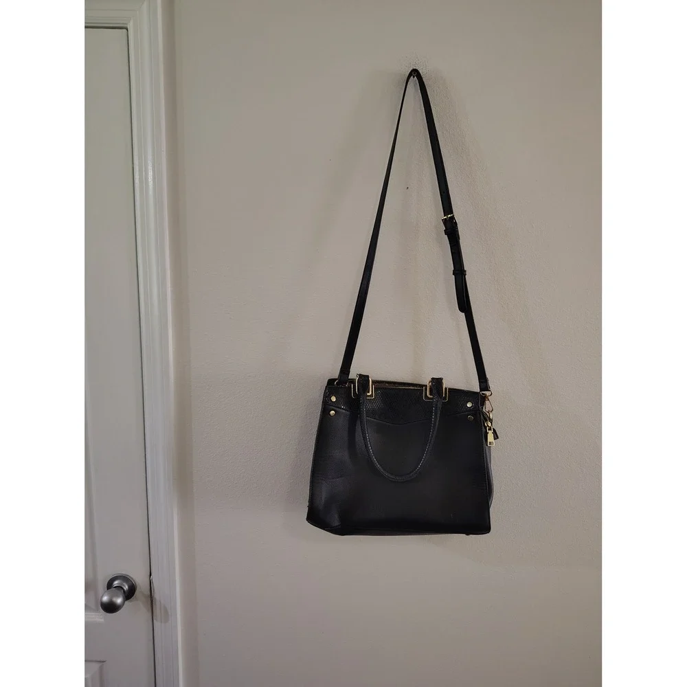 Black Satchel Handbag‎ Crossbody Snake Embossed Trim Gold Tone Hardware